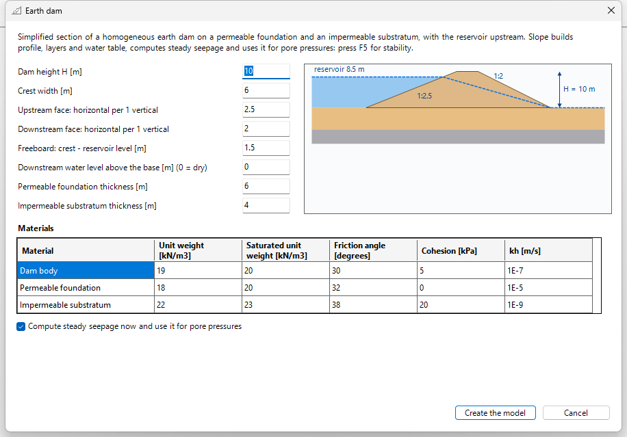 Earth dam window with the default values