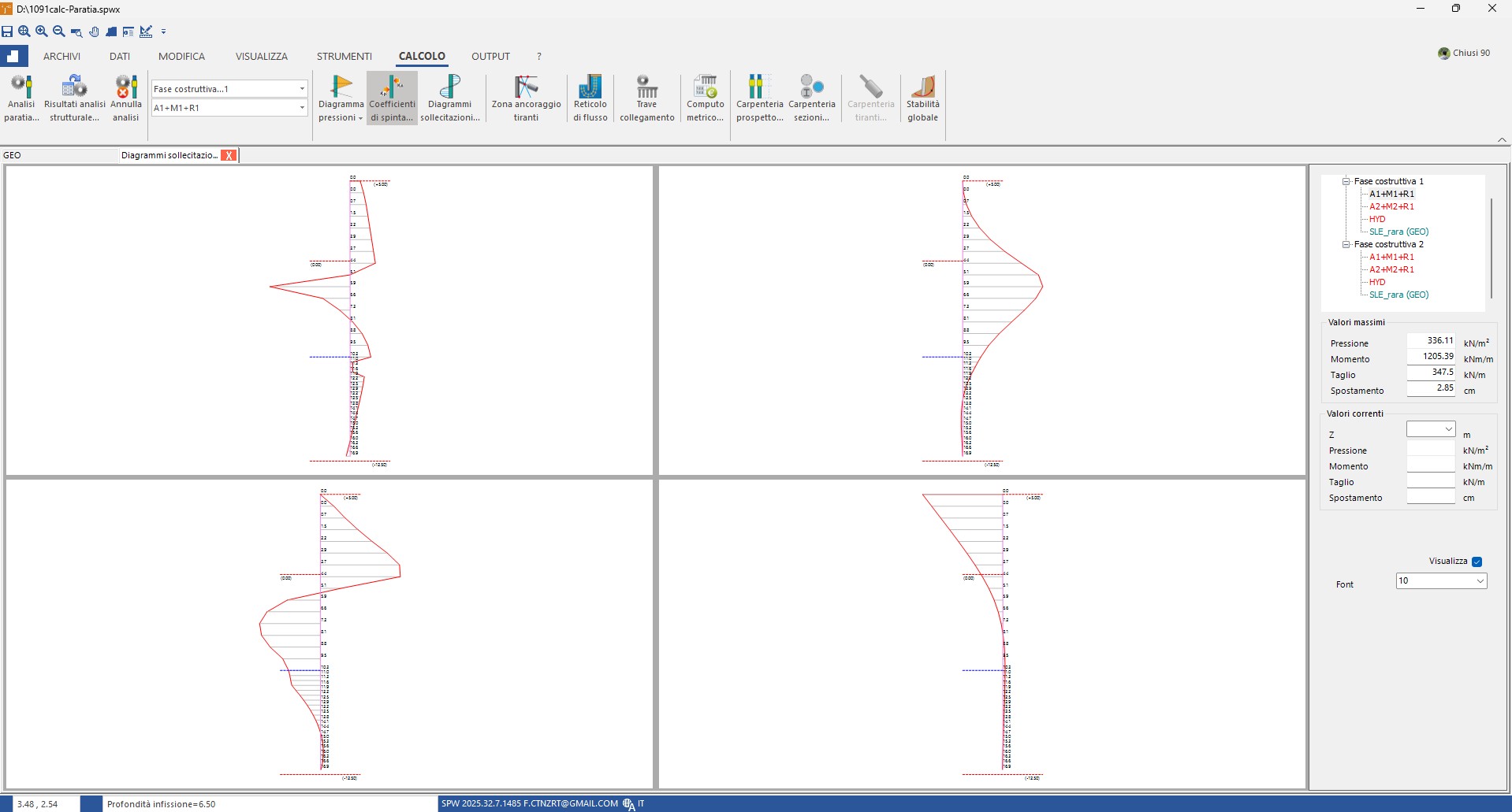 Diagramas de esfuerzos fase 1: presiones, momento, cortante, desplazamiento